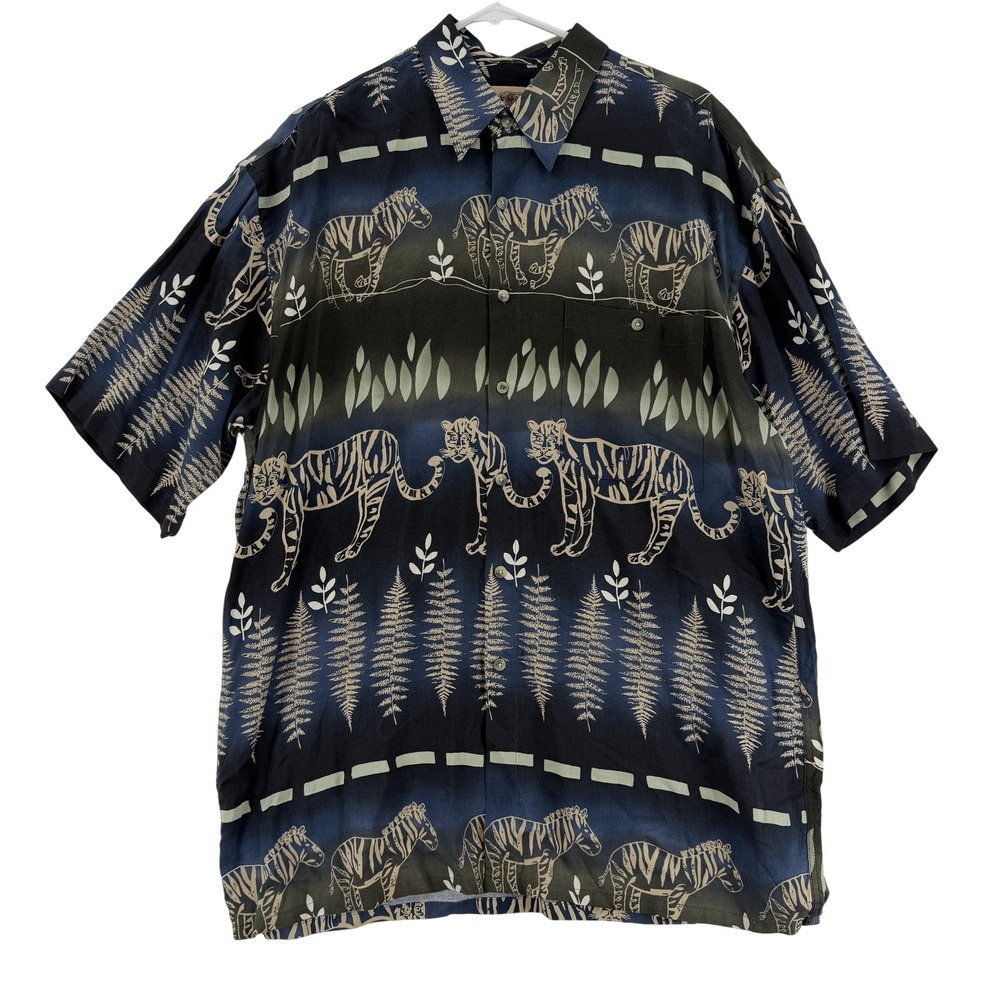 Campia Moda Shirt Mens Large Blue‎ Rayon Tiger Zebra Print Jungle Hawaiian